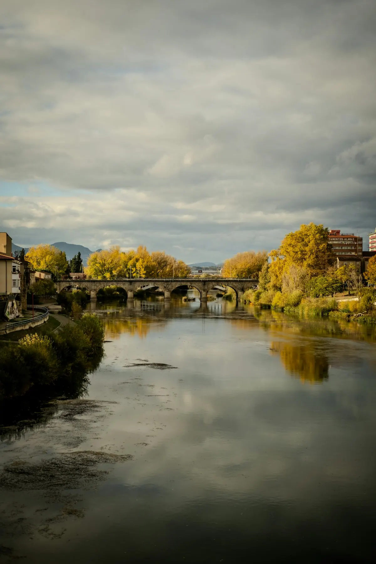 A stone bridge over a river in autumn